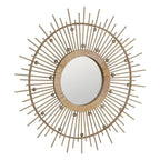 Natural bamboo mirror by SKAY with a round design and a textured frame, perfect for home decor.