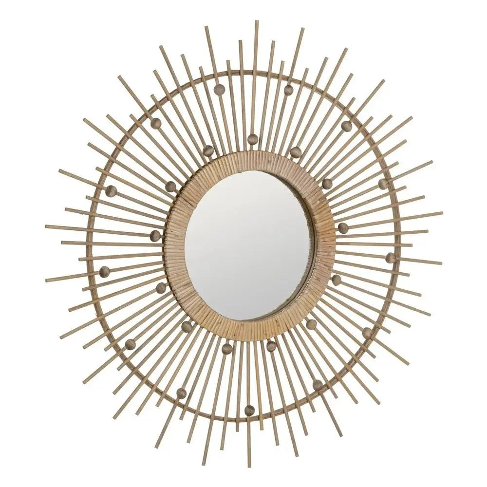 Natural bamboo mirror by SKAY with a round design and a textured frame, perfect for home decor.