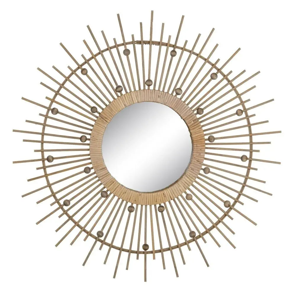 Natural bamboo mirror by SKAY, featuring a round design and a textured frame that enhances any decor.
